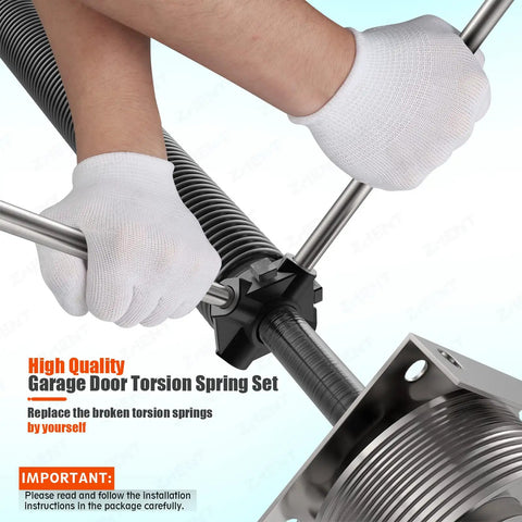 Hands installing Heavy Duty Garage Door Torsion Springs 1.75 Inch Pair With Non Slip Winding Bars, Coated Torsion Springs