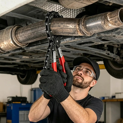 Exhaust Pipe Cutter Tool For 3/4 To 3-1/4 Inch Tailpipes And Tubing, Lubricated Wheel Mechanism For Smooth, Easy Cuts, Heavy-Duty Cutter For PVC Copper Steel Exhausts, Ideal For Tailpipe And Catalytic Converter Repairs, used under a car