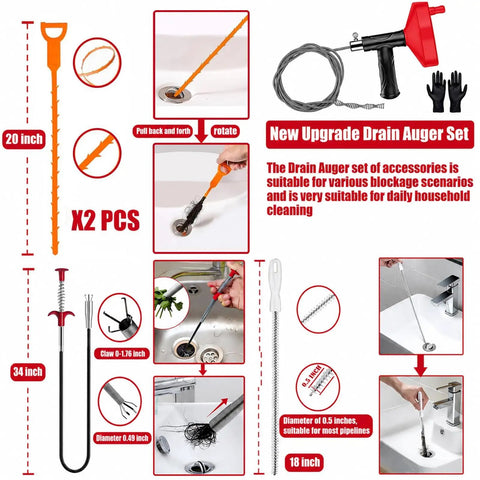 Heavy Duty 33 Foot Drain Snake Auger, No Sweat Plumbing Tool That Knocks Out Stubborn Hair Clogs From Bathroom Sinks Tubs And Kitchen Drains, Real Deal Drain Cleanser Comes With Thick Gloves, accessories displayed with various sizes and dimensions.