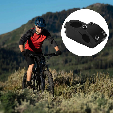 Cyclist in the mountains with inset of black aluminum bike stem 50mm length with 7 degree handlebar angle, 22.2mm clamp.
