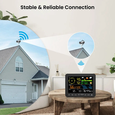 All In One Wireless Home Weather Station With Rain Gauge Indoor Outdoor Temperature Humidity Forecast Barometric Pressure Moon Phase And Alarm Clock For Bedroom No WiFi Must Have.