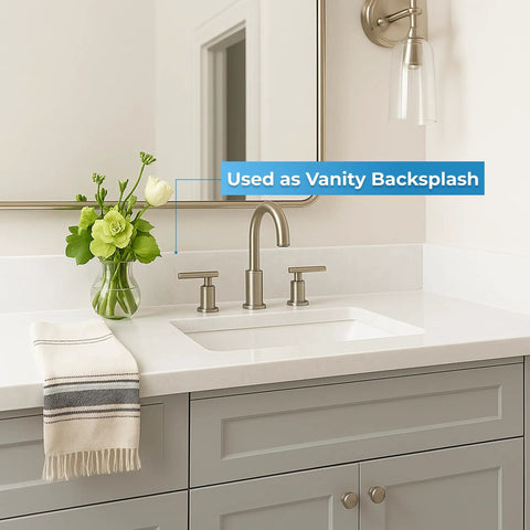 Super White Engineered Marble Bathroom Vanity Sink Backsplash Sidesplash 4X22 Inch Straight Up Splash Guard Countertop Edge Protector Clean Modern Surface Easy Peasy Install Zero Hassle Home Upgrade