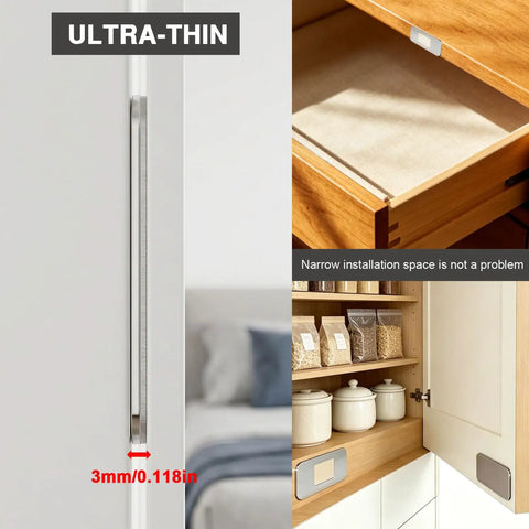 8 Pack Ultra Thin No Drill Magnetic Cabinet Door Catches With Invisible Adhesive Tape For Kitchen Cupboard And Bathroom Drawer Hardware that shows the catch's slim profile and installation in narrow spaces.