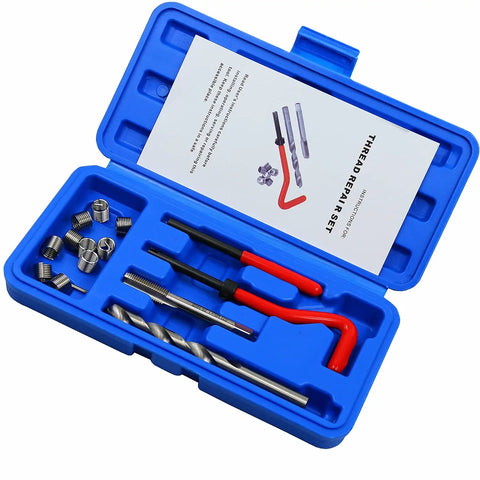 Open blue case of 15Pcs Thread Repair Kit M9 X 1.25mm Metric Thread Insert Set For DIY Auto Repairs And General Maintenance with tools and red handles.