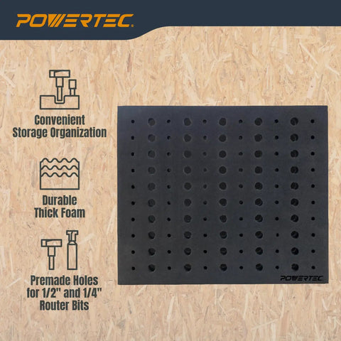 Badass Router Bit Storage Inserts Housing Fifty Half Inch And Sixty Quarter Inch Holder Slots With Thick Foam showing durable foam with premade holes.