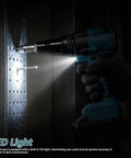 Badass Heavy Duty Cordless Pop Rivet Gun Workhorse With Smooth Pulling Action And Bright Led Light, Plays Nice With Makita 18V Batteries, LED light illuminating work area.