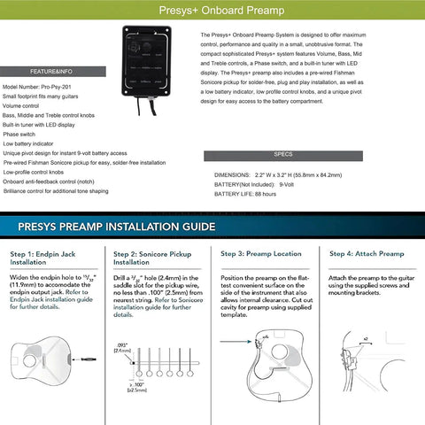 Acoustic Guitar Preamp With EQ And LED Display, Onboard Tuner And Volume Control For Presys Plus, installation guide with specs