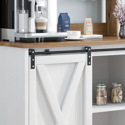White Farmhouse Coffee Bar Cabinet With Hutch Sliding Barn Door 31 Inch Buffet With Six Mug Hooks And Adjustable Shelves