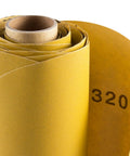 Roll of 320 grit sandpaper showcasing the yellow surface and PSA backing, ideal for wood and metal finishing