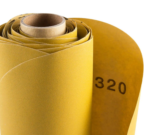 Roll of 320 grit sandpaper showcasing the yellow surface and PSA backing, ideal for wood and metal finishing