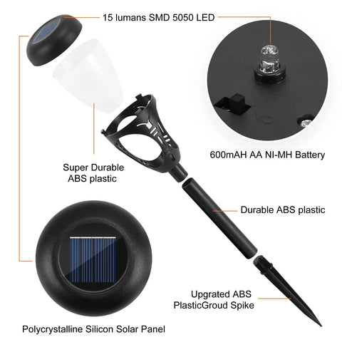 Exploded view of Must Have Easy Install Solar Pathway Lights Outdoor Garden 6 Pack Warm White LED showing ABS plastic components.