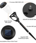 Six Pack Warm White Solar Pathway LED Lights With Spike Stands Waterproof Outdoor Garden Lawn Driveway Walkway Landscape Lighting For Patio Street And Yard components displayed including LED, battery, and spike stand.