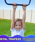 Child swinging on metal trapeze bar of My First Metal Swing Set With Slide For Up To 4 Kids, Heavy Duty 2 Inch Steel Frame, Blue And Yellow.