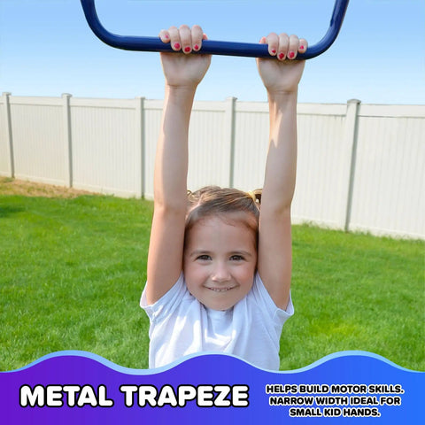 Child swinging on metal trapeze bar of My First Metal Swing Set With Slide For Up To 4 Kids, Heavy Duty 2 Inch Steel Frame, Blue And Yellow.