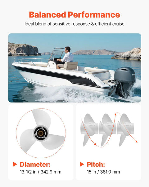 Beefed-Up Aluminum Corrosion-Resistant Outboard Propeller For Yamaha 60-130 HP, showcasing three-blade design and dimensions.