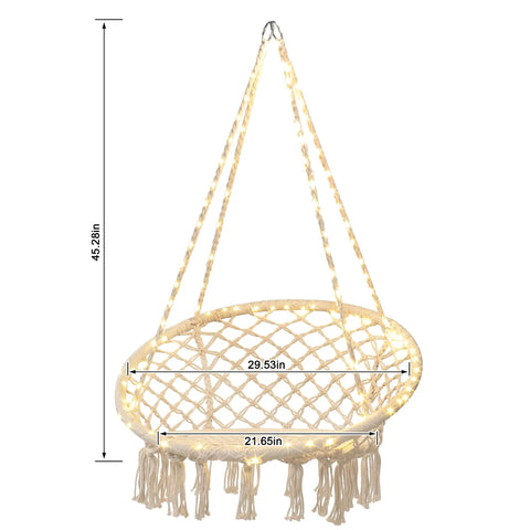 LED Macrame Hammock Chair For Indoor And Outdoor Use, Handmade Cotton Rope Swing With 12m LED String Lights, Large 55x75 Cm Comfort Seat