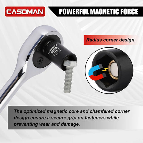Casoman 10mm socket on ratchet, highlighting magnetic force and radius corner design from the 30 Piece One Quarter Inch Drive Magnetic Shallow Impact Socket Set, Pro-Grade 6-Point CR-MO Steel Construction, SAE And Metric Sizing, Includes Extension Bars, Socket And Hex Shank Adapters, And Universal Joint.