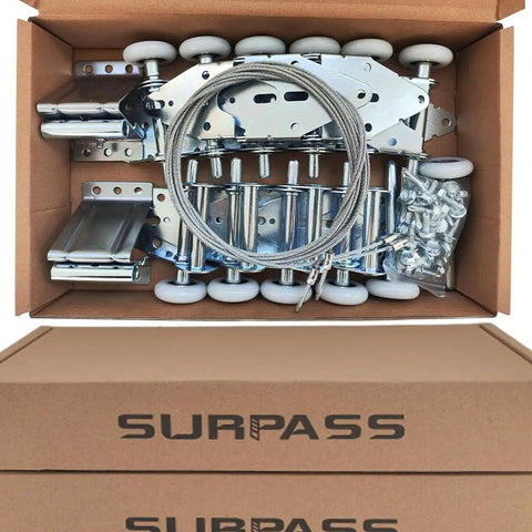 Garage Door Hardware Kit With Nylon Rollers Rust Resistant Hinges And Top Brackets 8 Foot Height Wire Rope System in box