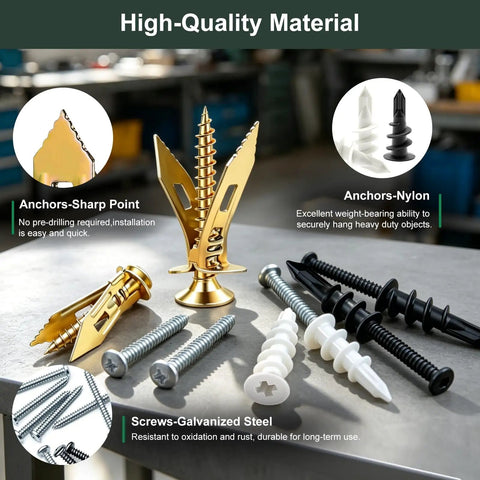 Heavy Duty Drywall Anchors And Screws Kit Delivers Killer Grip With 170 Piece Assortment In Black White And Gold for strong hanging support.