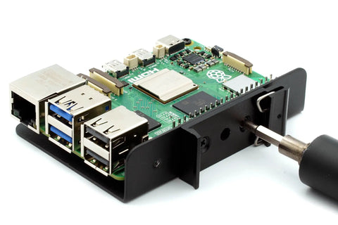 Rack Ready DIN Rail Clip Mount Bracket for Raspberry Pi installed on a 35mm rail with a screwdriver securing the mount.