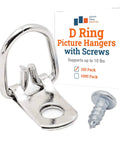 Picture Hangers With Screws D Ring Bulk Pack 100 Pro Quality Hanging Hardware For Wood Frames Easy Install Back Of Frame D Ring Hangers For Secure Artwork Display Heavy Duty Mounting Solutions, close-up of single D-ring and screw with packaging
