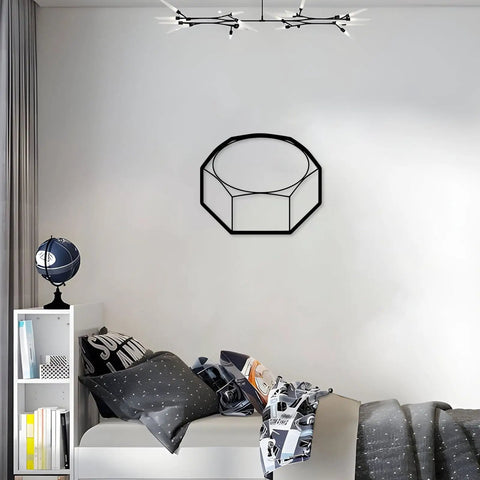 Modern Industrial Geometric Metal Wall Art Panel Premium Sturdy Home Decor Finish For Living Room Bedroom Accent Minimalist Shelf Display Top Shelf Solid Build No Fuss Everyday Space Refresh Black mounted above a bed in a bedroom.