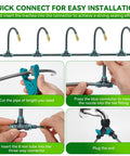 Installation guide for 360 Degree Adjustable Drip Irrigation System Kit with connectors and tubing attachment steps