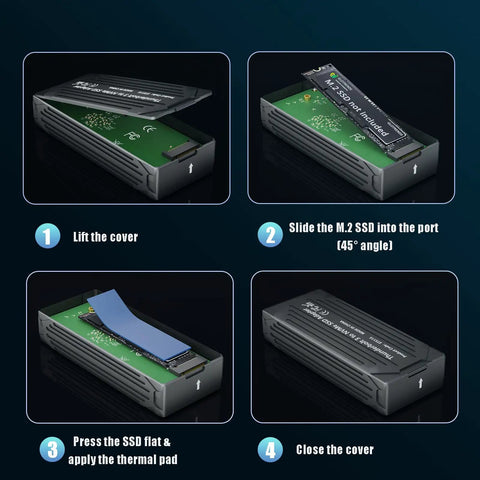 Speed Demon M2 Nvme Ssd Enclosure With Thunderbolt 4 And 5 Compatibility showing assembly steps to install the SSD inside the casing.