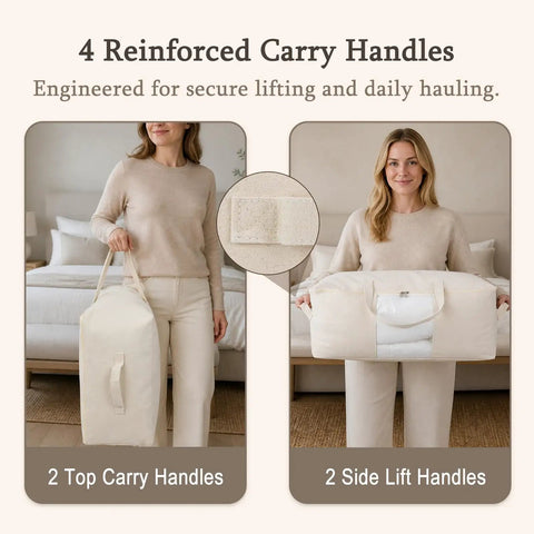 Badass Cotton Canvas Comforter Storage Bags Featuring A Safe Double Zipper And Solid Carrying Handles With A Clear View Window showing reinforced handles for easy lifting.