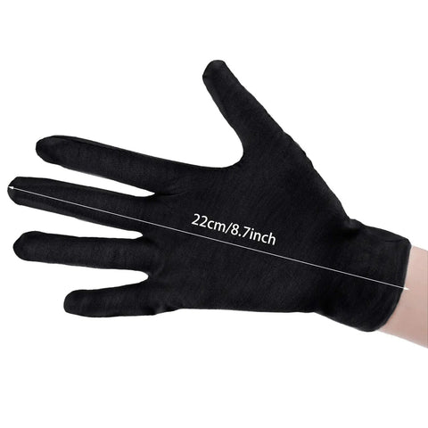 Stretchy Cotton Work Gloves 60 Pcs Reusable Mittens For Men And Women Dry Hand Art Handling Coin Jewelry Craft Durable Black Gloves For Precision Tasks And Light Duty Labor, hand wearing black glove showing size 22cm