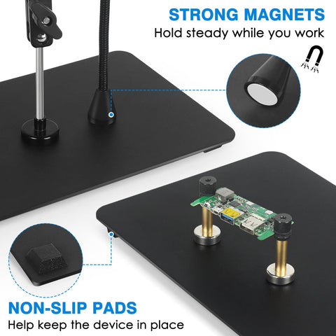Magnetic Helping Hands Soldering Station With 5X LED Magnifying Lamp showing strong magnets and non-slip base detail.