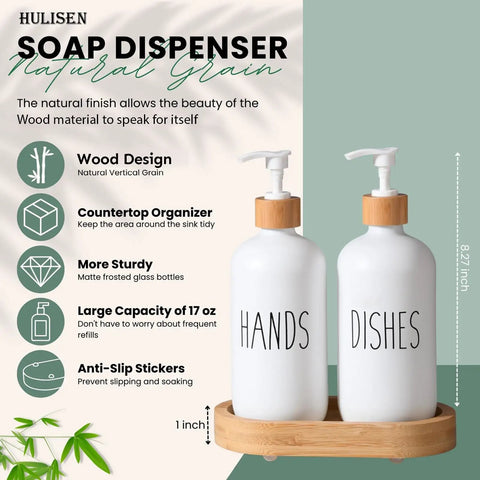 Wooden Dish Soap Dispenser Set With Thick One Inch Tray And Non Slip Base For Modern Boho Farmhouse Kitchen Countertop Decor
