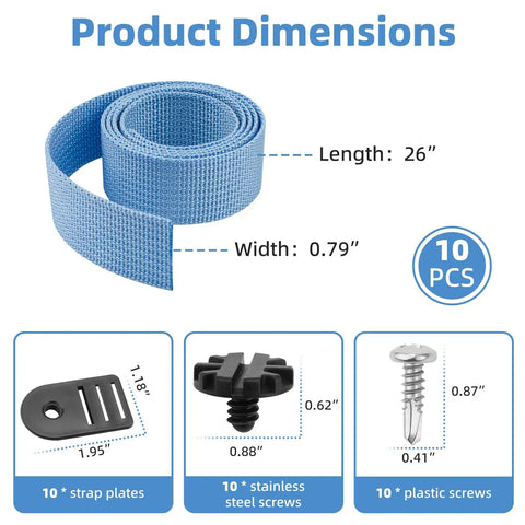 Heavy Duty Pool Solar Cover Reel Straps Rock Solid Buckle Plates For Outdoor Swimming Pools Ultra Durable Weather Resistant Replacement Gear - 10 pcs kit with dimensions.