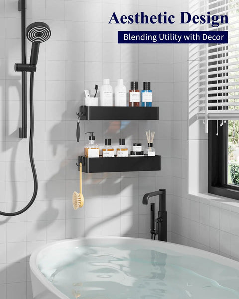 Two Pack Adhesive Shower Caddies With Rustproof Metal Shelves No Drill Bathroom Organizer Storage Black XX Large Durable Finish