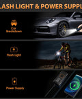Cordless Tire Inflator Air Compressor with Digital Pressure Gauge used for car breakdown, cyclist illumination, and power supply