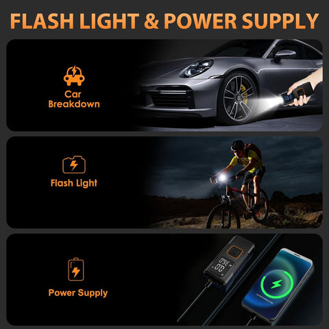 Cordless Tire Inflator Air Compressor with Digital Pressure Gauge used for car breakdown, cyclist illumination, and power supply