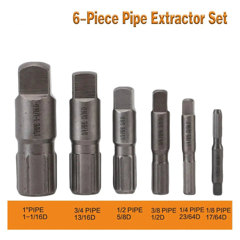 Premium Heavy Duty Pipe Extractor Tool Set For 1/8 In To 1 Inch Pipes, steel 6-piece set shown by size