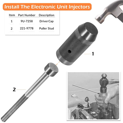 Injector Sleeve Remover And Installer Kit With Height Tool And Engine Barring Socket for CAT Caterpillar 3406E C15 C16 Engines, showing driver cap and puller stud.