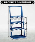 Workhorse Steel Bar Rack For Lumber And Pipe Storage, blue iron rack with dimensions 39x24x84 inches, safety chains visible
