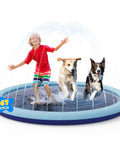 Epic Non Slip Splash Pad For Kids And Pets Thickened Sprinkler Pool Play Mat For Backyard Summer Fun Outdoor Water Toy For Baby And Toddler Safety 67 Inch Wide with child and dogs playing