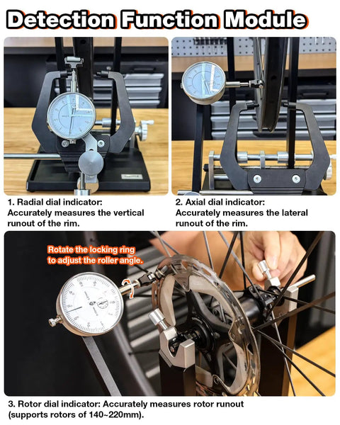 Pro Grade Bicycle Wheel Truing Stand For Professional Mechanics With Aluminum Alloy Base and Precision Dial Indicators in use