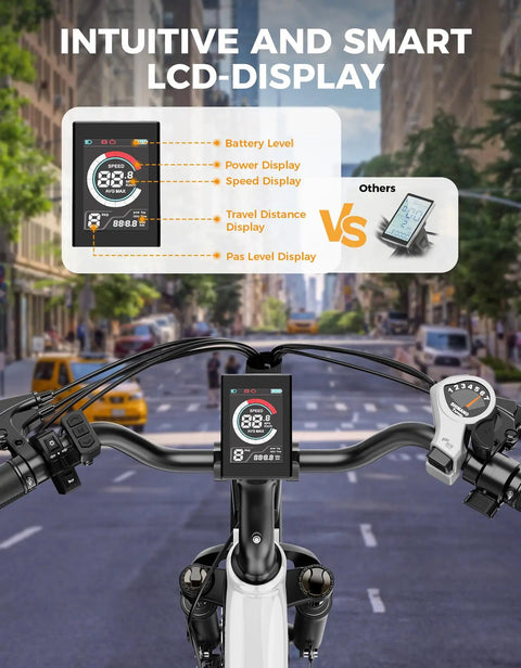 High Power 1200W Electric Bike For Adults With 26 Inch Wheel 528Wh LCD Display showcasing battery, speed, power, and travel info.