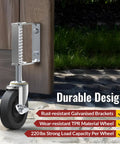 Two Pack Spring Loaded Gate Casters, 4 Inch Adjustable Wheel With Brake, Heavy Duty Gate Wheel Load Capacity 220 Lbs, Easy Glide For Doors And Fences Everyday Use, shown with durable galvanized bracket and TPR wheel on stone pavement.