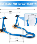 Blue heavy-duty motorcycle paddock stand with 850 lb capacity, dimensions labeled for rear and front wheel lift in garage use.