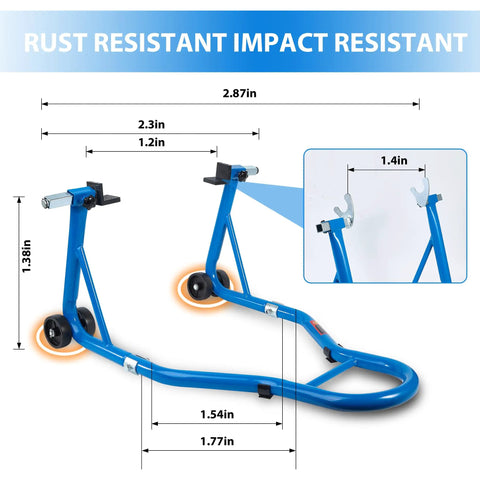 Blue heavy-duty motorcycle paddock stand with 850 lb capacity, dimensions labeled for rear and front wheel lift in garage use.