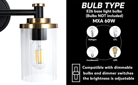 Black And Brass Vanity Light Fixture With Cylindrical Clear Stripes Glass Shade And Four Light E26 Socket Base Over Mirror Dope Vintage Modern Bathroom Lighting For Bright Stylish Vanity close-up showing socket and bulb type options.