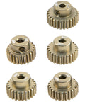 Five-pack Beefy 7075 Aluminum 48P Pinion Gear Set 23T 24T 25T 26T 27T for 3.175mm shaft RC cars, top view of all gears