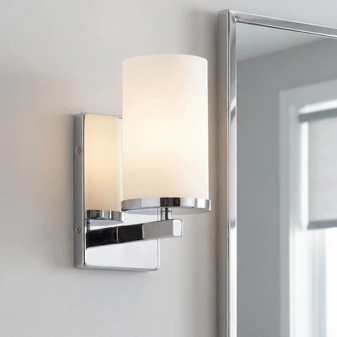 Crosby 9.25 Inch Chrome Wall Sconce With Satin Etched Cased Opal Glass 1 Light Modern Vanity Light For Hallway Or Bathroom Ambient Illumination And Easy Install No Fuss Mounting In Minutes