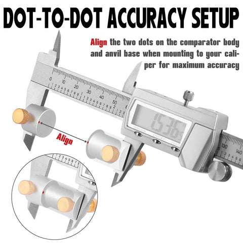 Digital caliper with Bullet And Headspace Gauge Comparator Kit With Fourteen Inserts And Six Bushings And Anvil Base for alignment setup