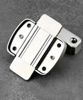 Cast Metal Door Latch Lock Hook Bathroom Right Angle Sliding Gate Bolt in silver finish, top view with screws.